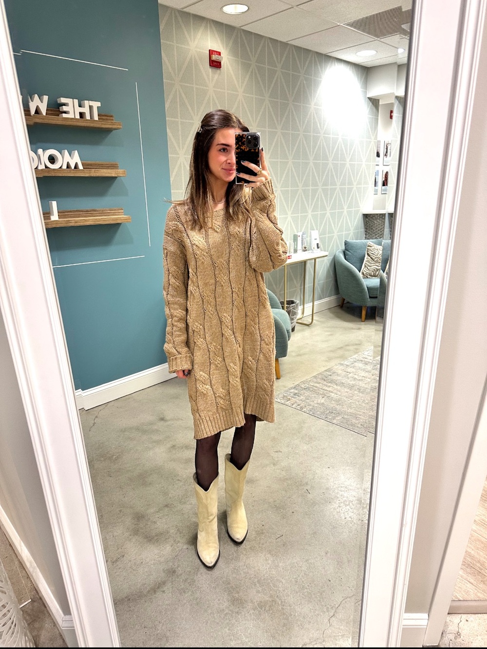 525 America Cable-Knit Mini Sweater Dress in Camel